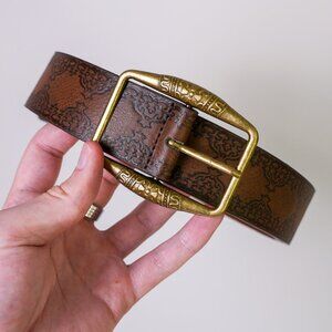y2k vintage brown engraved brass buckle western belt